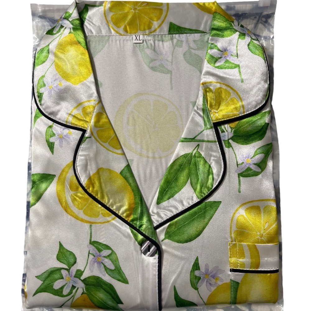 Lemon‎ Print 3 Piece Pajama Set XL Women White Yellow Satin Top Pants Shorts NEW